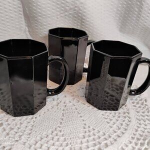 Set of 3 octagonal shaped black glass 10 oz coffee mugs by ARCOROC France 1980s